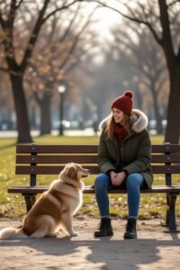 A person sitting on a park bench, watching their dog explore with a smile