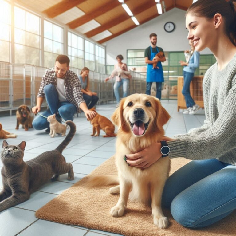 A woman sits on the floor surrounded by dogs and cats at an animal shelter, enjoying time with the furry friends