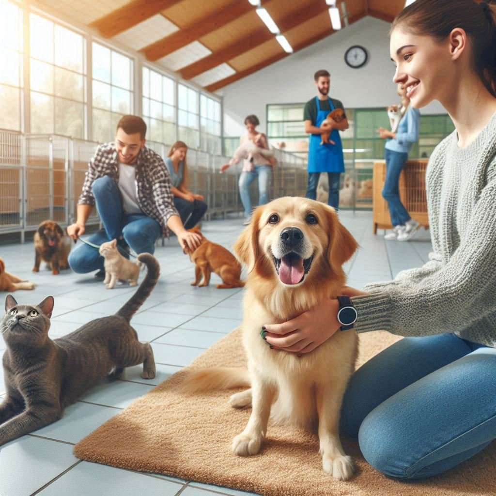 A woman sits on the floor surrounded by dogs and cats at an animal shelter, enjoying time with the furry friends