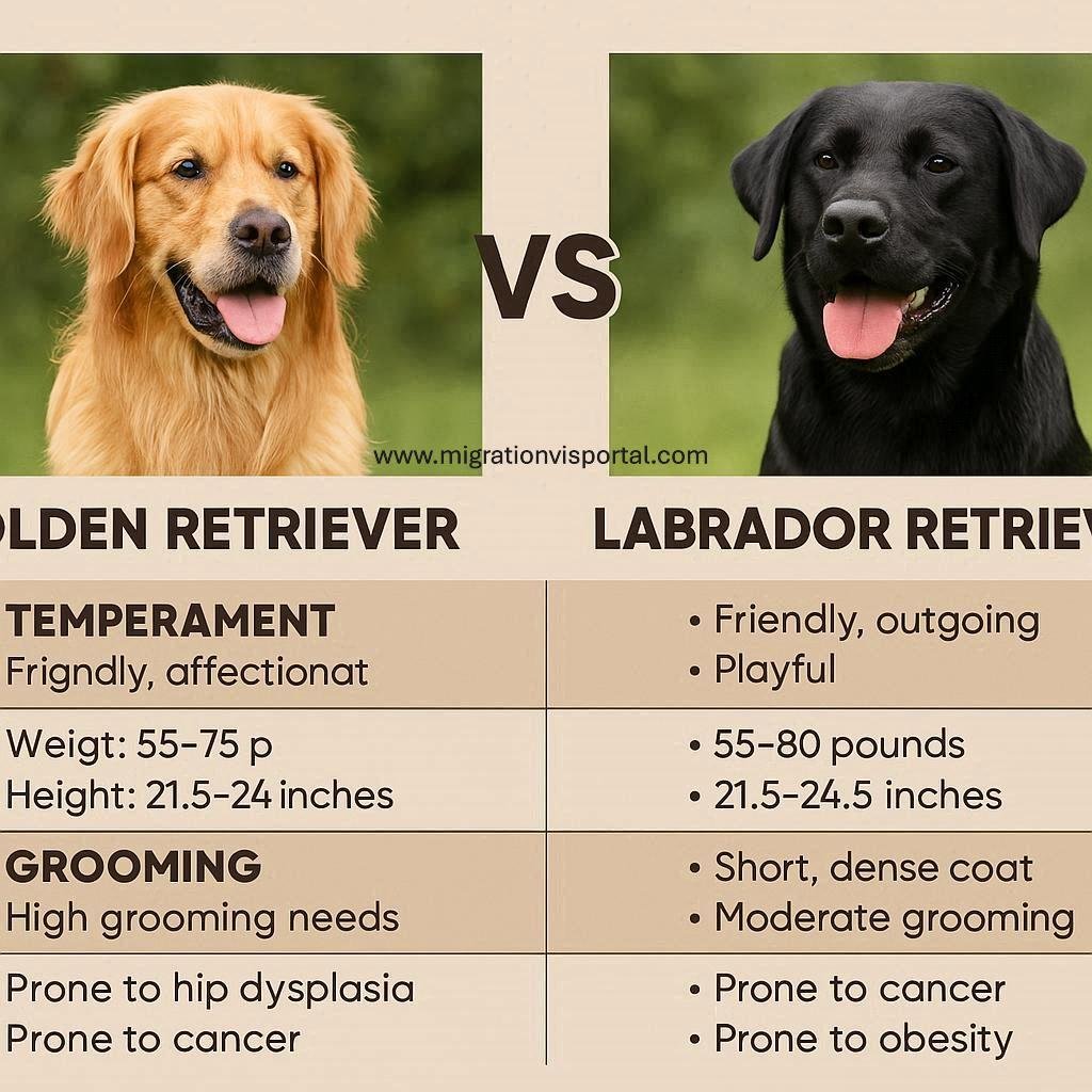 Comparison guide highlighting key differences between Golden Retrievers and Labrador Retrievers in temperament, size, and health.