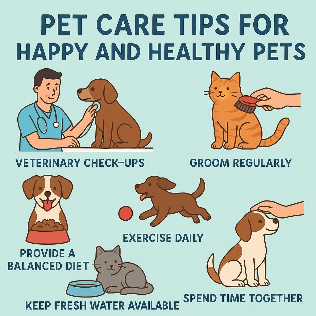 Colorful infographic with pet care tips for keeping pets happy and healthy, featuring various animals and care advice.