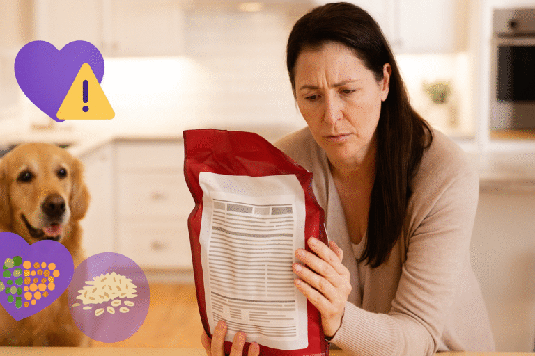 A woman examines a bag of grain-free dog food labeled for DCM concerns.