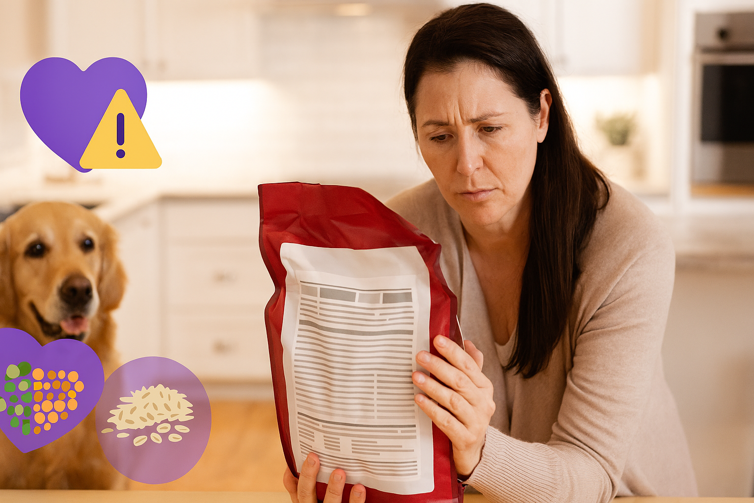 A woman examines a bag of grain-free dog food labeled for DCM concerns.