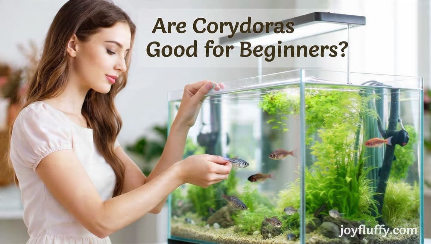 A young woman feeding Corydoras catfish in a home aquarium, beginner-friendly freshwater fish care guide.