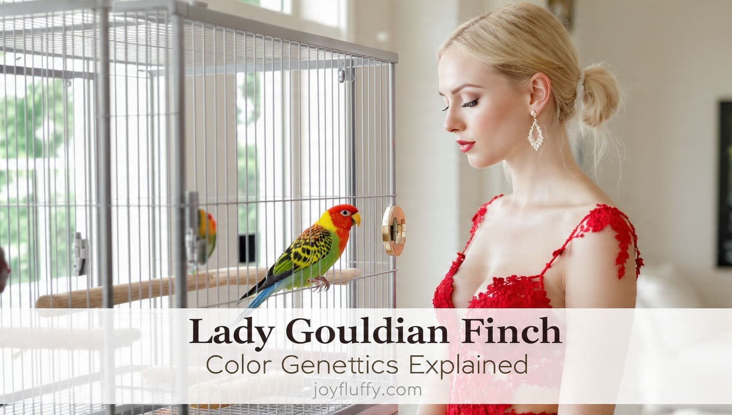 Stylish young woman with Lady Gouldian Finch in a cage explaining Lady Gouldian Finch color genetics – joyfluffy.com