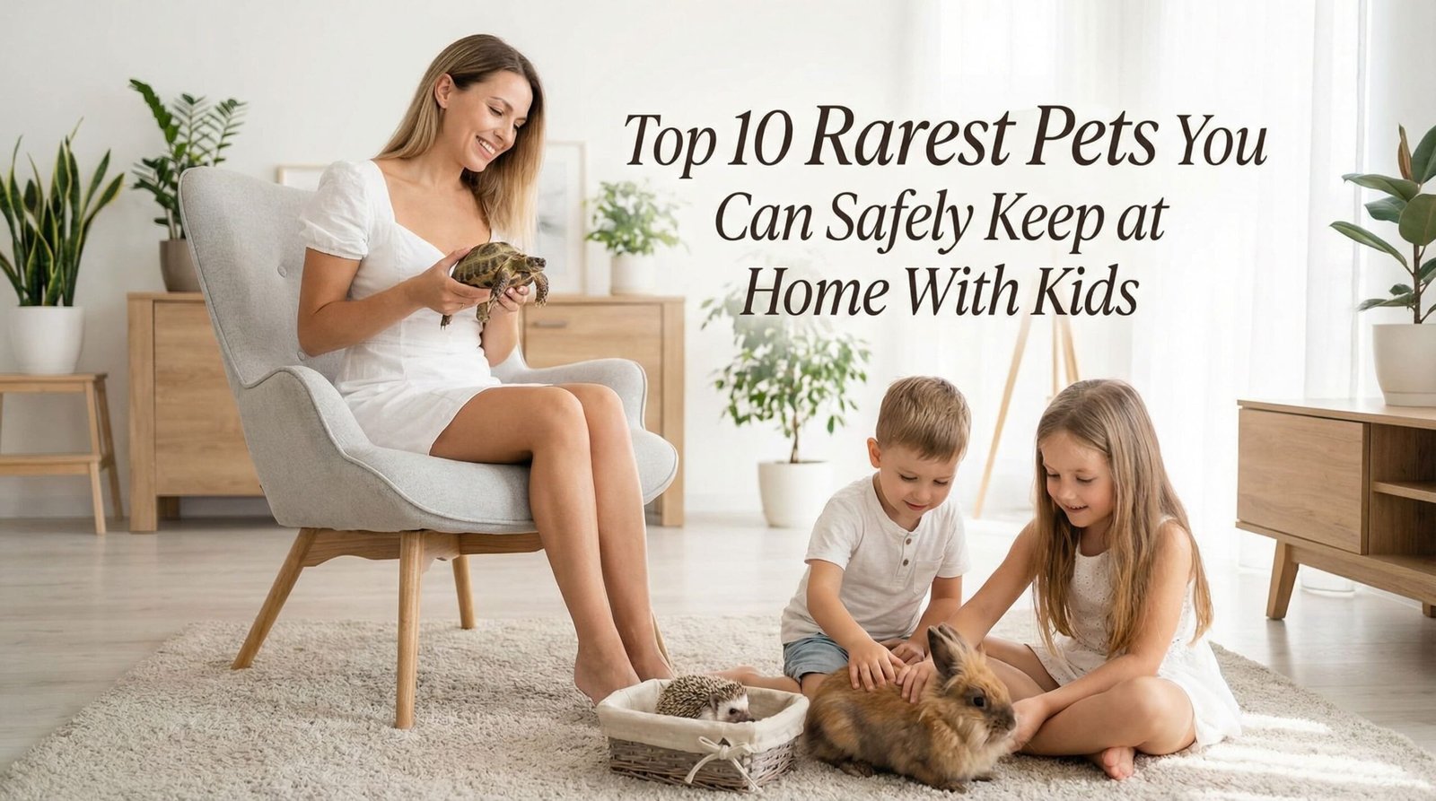 Illustration of rare but safe pets for families with kids, including hedgehog, axolotl, sugar glider, and mini pig in a child-friendly home environment